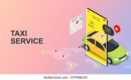 Online mobile taxi order service app concept. Taxi in mobile and navigation or location city map. Flat isometric vector illustration