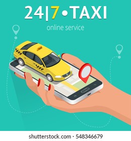 Online mobile taxi order service app concept. Isometric taxi yellow cab and GPS route point pins on smartphone and touchscreen vector illustration.