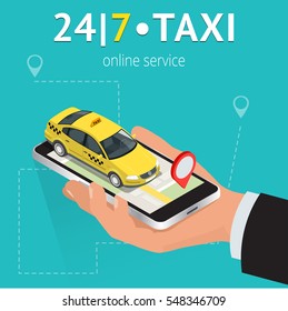 Online mobile taxi order service app concept. Isometric taxi yellow cab and GPS route point pins on smartphone and touchscreen vector illustration.