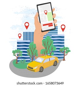 Online mobile taxi order. Using service mobile application. Smartphone in hand and GPS route point. Taxi yellow cab with city landscape. Isolated on white background. Vector cartoon illustration