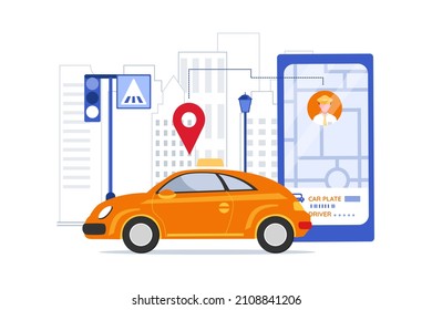 Online mobile taxi service app. Taxi in mobile and navigation or location city map