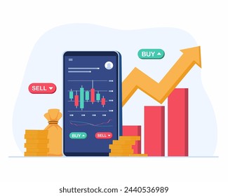 Online mobile trading app for buying or selling shares investing in stock market from mobile phone vector illustration