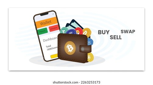 Online and mobile wallet Conceptual design banner. Digital Blockchain wallet or Crypto wallet. exchange funds and store crypto currency in secure cryptographically signed method.