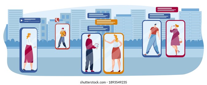 Online, modern communication concept vector illustration. Man, woman chatting, messaging using chat app or social network on mobile phone. Two persons cellphone conversation online, send messages.