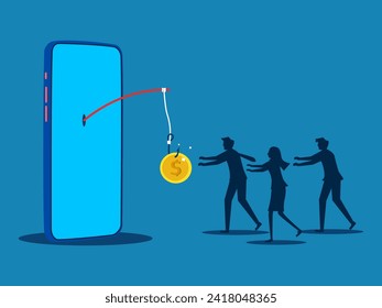 Online money bait and money trap business idea. Dollar coin on fishing rod on smartphone 