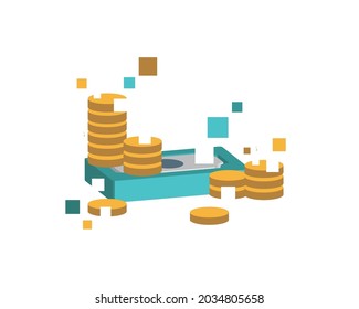 Online Money, Digital Money Cash, Crypto Currency, Digital Wallet, NFT, Bitcoin, Ethereum Concept. Pixels Around Money.