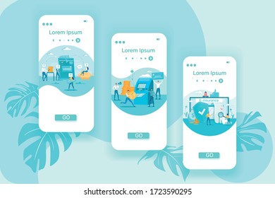 Servicios de Bolsa de Documentos y Dinero en Línea, Seguro Electrónico para Transacciones Comerciales y Garantías de Acuerdos de Seguridad. Aplicaciones móviles configuradas con personajes de dibujos animados de personas. Ilustración de vectores planos.