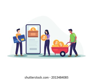 Online money donation illustration. Male and female characters collecting coins and paying by credit card for donated. Donation by online payments, Fundraising technology. Vector in a flat style