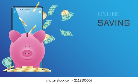 Online Money. Financial Savings online. Mobile phone with a pink piggy bank. Decor by a pile of coins, money stack and money floating in the air.