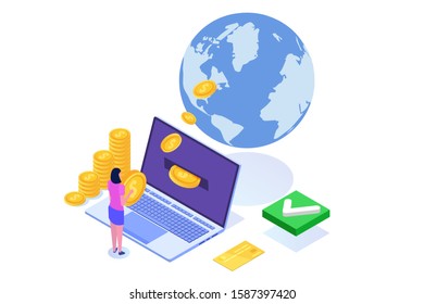 Online Money International money transfer. Vector isometric illustration. 