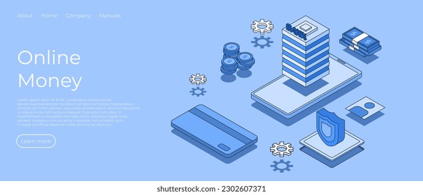 Online money isometric scene. Money management, online banking, money transfer. Vector illustration concept