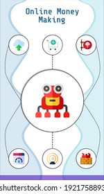 online money making editable infographic template with icons of robot, shop, influencer, firewall, web optimization, cloud computing, cart