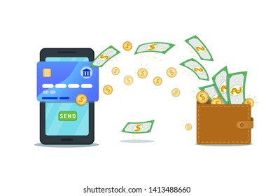 Online money payment app, electronic banking. Mobile digital wallet. Flat smartphone design with nfc credit card and send button isolated on white background. Concept of withdrawal, profit growth