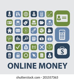 online money, payment, credit, card, pos terminal icons, signs, buttons set, vector