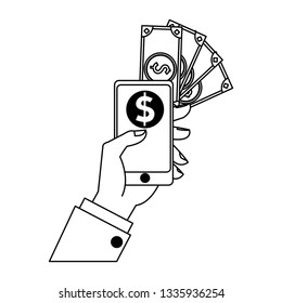online money payment with smartphone black and white