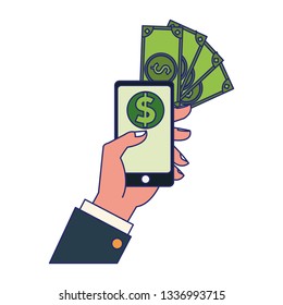 online money payment with smartphone blue lines