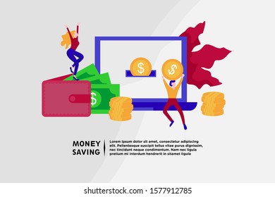 online money saving tiny people flat design vector illustration can use for landing page, web, mobile, app, banner, flyer, poster