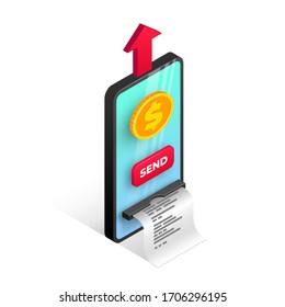 Online money sending via smartphone 3d concept. Mobile transfer isometric template with virtual ATM, gold coin, button, red arrow. Internet banking, payment app vector illustration for web, advert
