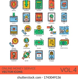 Online money service icons including antivirus, download, calculator, warning, cybercrime, income, saving, hacker, confirmation, SSL, phishing, time deposit, loan shark, 24 hours call center, donation