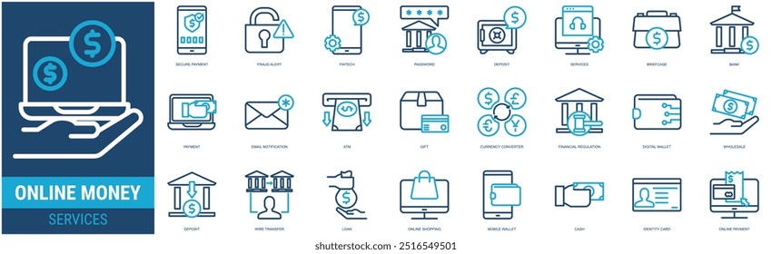 ONLINE MONEY SERVICES ICON SET LINEAL 2TONE GRAPHIC ILLUSTRATION