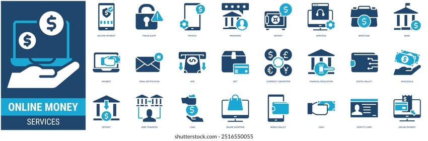 ONLINE MONEY SERVICES ICON SET GLIPH2TONE GRAPHIC ILLUSTRATION