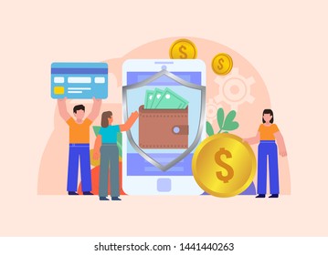 Online money transactions protection, security, safety. People stand near big phone, coins, credit card. Poster for web page, banner, social media, presentation. Flat design vector illustration