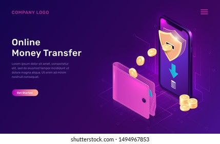 Online money transfer or cash back isometric concept vector illustration. Mobile phone with shield and gold coins flying out of its screen into wallet, ultraviolet web banner, landing web page