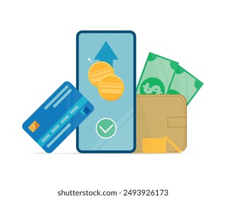 Online money transfer concept. Online sending money from mobile to bank card. Mobile payment, online transactions, cashback. Vector illustration