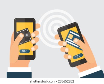 Online money transfer concept. Two modern smartphones with credit card and wallet on the screen using NFC. Near field communication technology. Vector flat design