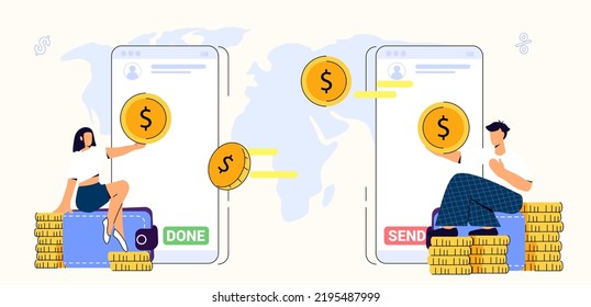 Online money transfer Digital wallet Mobile payments Vector illustration mobile banking E-payment Cash back Cryptocurrency Financial transaction Money online Business finance concept