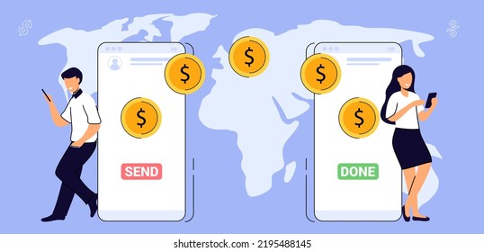 Online money transfer Digital wallet Mobile payments Vector illustration mobile banking E-payment Cash back Cryptocurrency Financial transaction Money online Business finance concept
