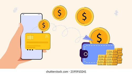 Online money transfer Digital wallet Mobile payments Vector illustration mobile banking E-payment Cash back Cryptocurrency Financial transaction Money online Business finance concept