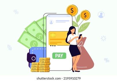 Online money transfer Digital wallet Mobile payments Vector illustration mobile banking E-payment Cash back Cryptocurrency Financial transaction Money online Business finance concept