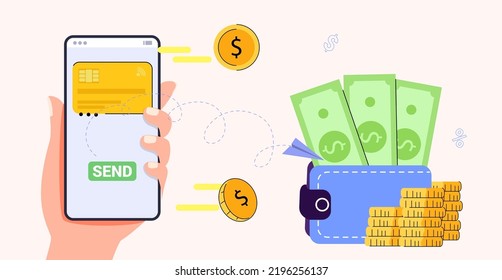 Online money transfer Digital wallet Mobile payments Vector illustration mobile banking E-payment Cash back Cryptocurrency Financial transaction Money online Business finance concept