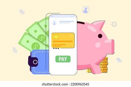 Online money transfer Digital wallet Mobile payments Vector illustration mobile banking E-payment Cash back Cryptocurrency Financial transaction Money online Business finance concept