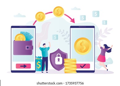 Online money transfer, electronic wallets on smartphone screens. Internet banking, financial technology. Safe Transferring. Virtual finance concept. Happy people in trendy style. Vector illustration