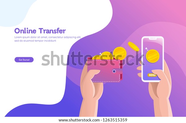 Online money transfer illustration vector\
illustration concept with hand holding smartphone and press send\
button , \
can use for, landing page, template, ui, web, mobile\
app, poster, banner,\
flyer