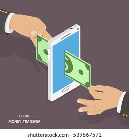 Ilustración vectorial isométrica de transferencia de dinero en línea. Una mano está empujando el billete dentro del smartphone y la otra lo está sacando de la parte trasera. Pago inalámbrico, banca móvil.