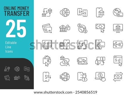 Online Money transfer Line Editable Icons set. Vector illustration in modern thin line style of finance related icons: transaction, banking, payment, and more. 