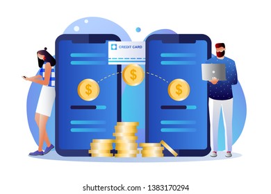 Online money transfer, mobile payments vector illustration concept with  smartphone and wallet , can use for landing page, template, ui, web, mobile app, poster, banner, flyer