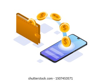 Online Money Transfer with Mobile Phone Isometric Illustration Concept. Modern design concept of web page design for website and mobile website.Vector illustration EPS 10