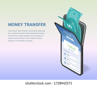 online money transfer on mobile phone illustration. isometric vector concept eps 10