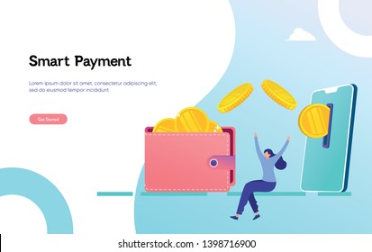 Online money transfer payment illustration vector illustration concept happy woman get money and reward by online
can use for, landing page, template, ui, web, mobile app, poster, banner, flyer