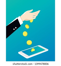 Online money transfer payment illustration vector illustration concept. Smartphone, coins, transaction