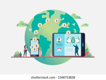 Online money transfer. People send money via smartphone. internet banking. worldwide payment. Flat vector illustration modern character design. For a landing page, banner, flyer, web page.