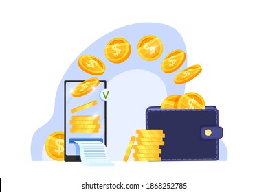 Online money transfer or safe internet payment financial vector concept with wallet, flying coins, smartphone. Secure digital wallet or transaction flat illustration. Money transfer fintech clipart