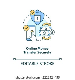 Online money transfer securely concept icon. Banking onboarding. Payment activity abstract idea thin line illustration. Isolated outline drawing. Editable stroke. Arial, Myriad Pro-Bold fonts used
