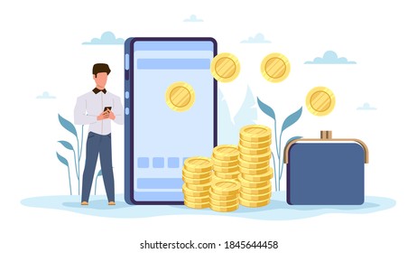 Online money transfer. Tiny man standing with phone, huge smartphone with gold coins stack and purse, e-commerce technology, transaction app, payment on website or in mobile application vector concept