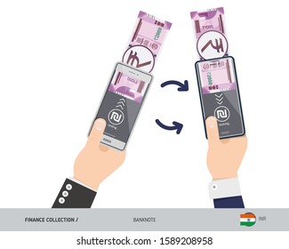 Online money transfer with two hands holding smart phones. 2000 Indian Rupee banknote with gold coins. Flat style vector illustration.