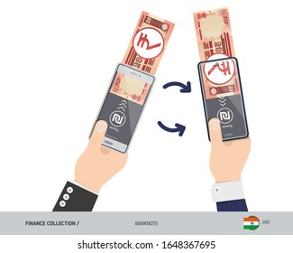 Online money transfer with two hands holding smart phones. 20 Indian Rupee banknote with gold coins. Flat style vector illustration.